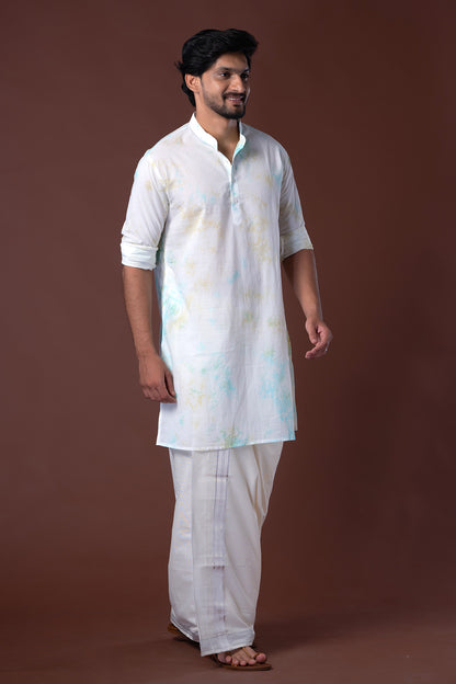 Green&White Long Kurta With Chinese Collar