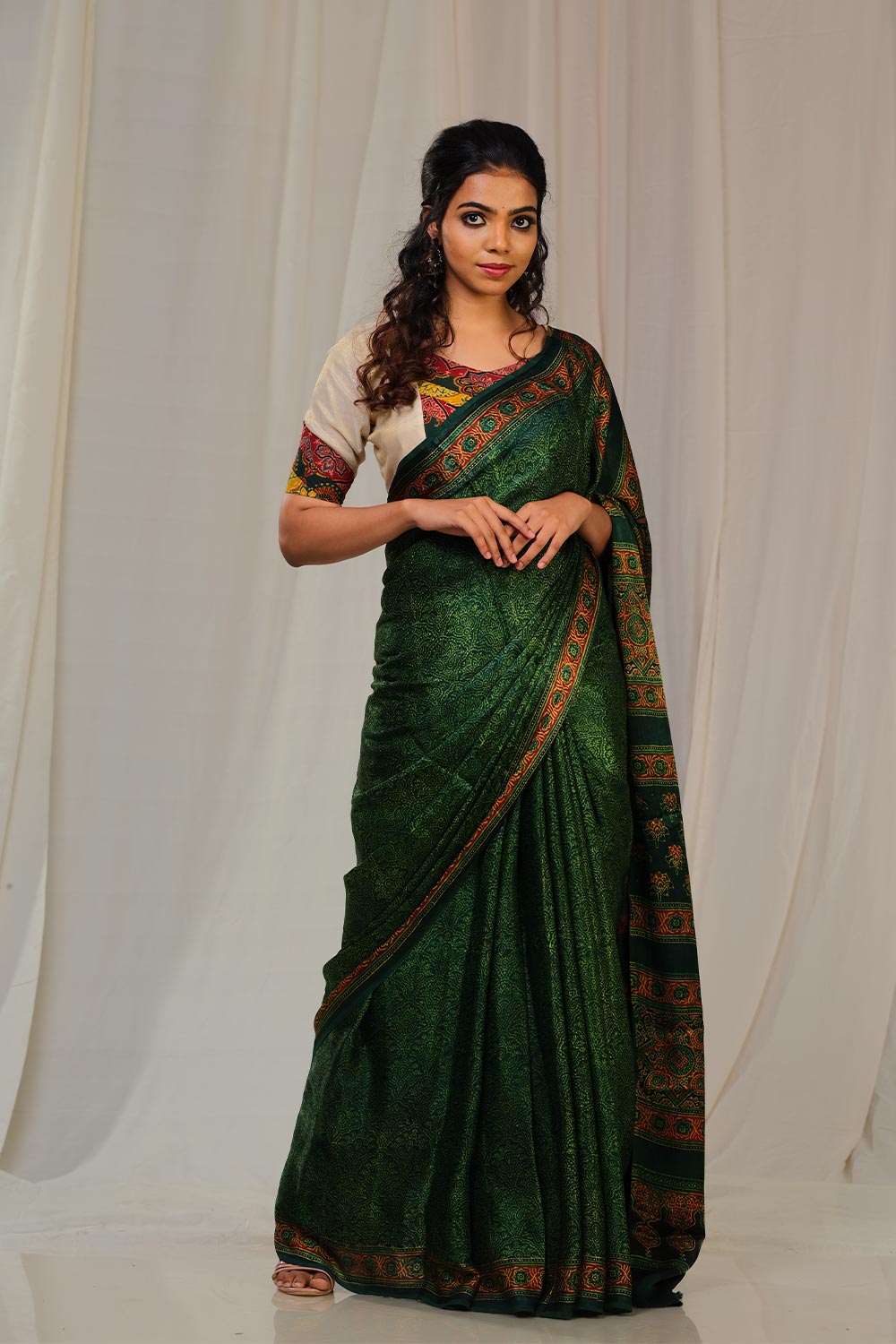 Green & Red Ajrakh Modal Silk Saree