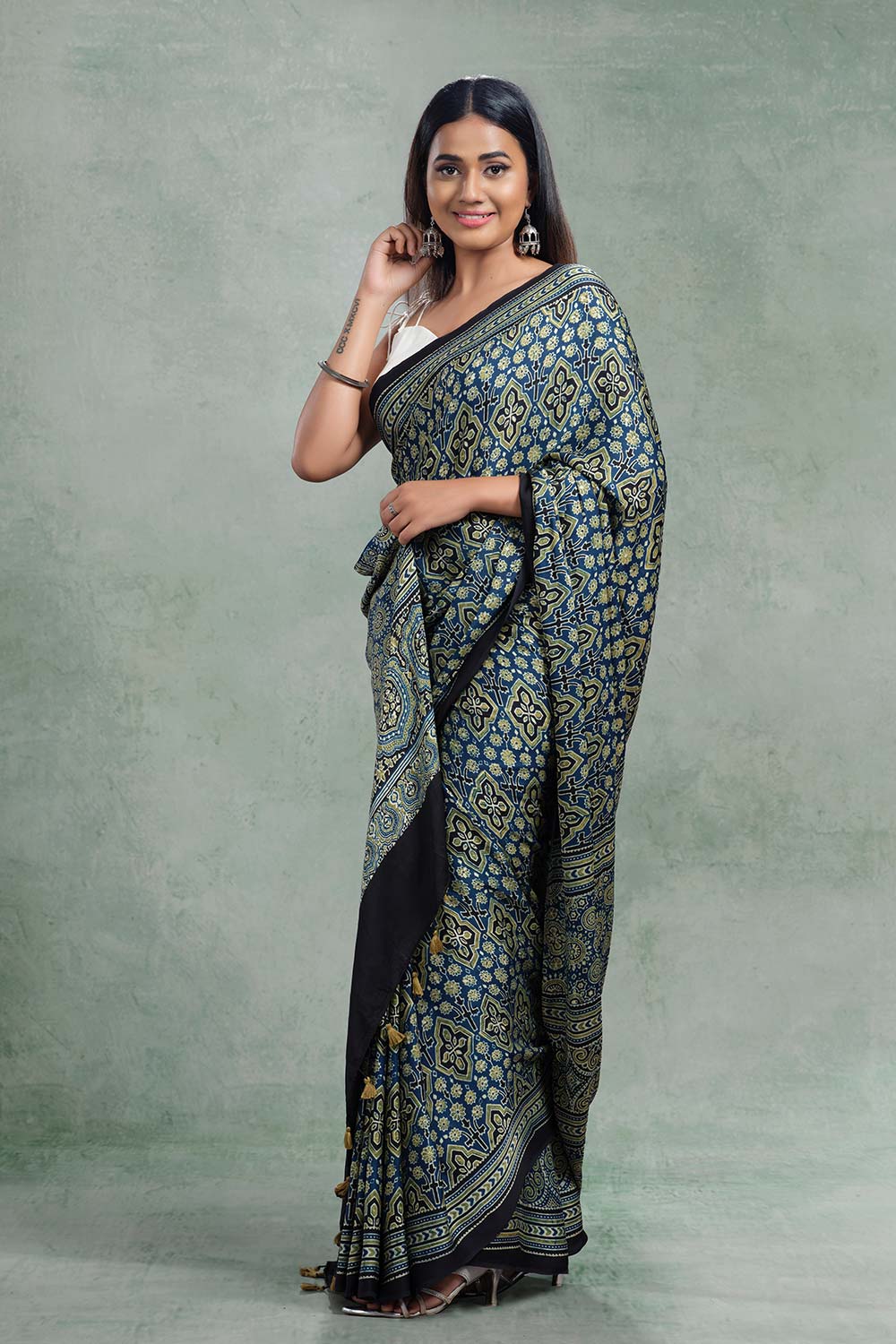 Modal silk indigo ajrakh saree