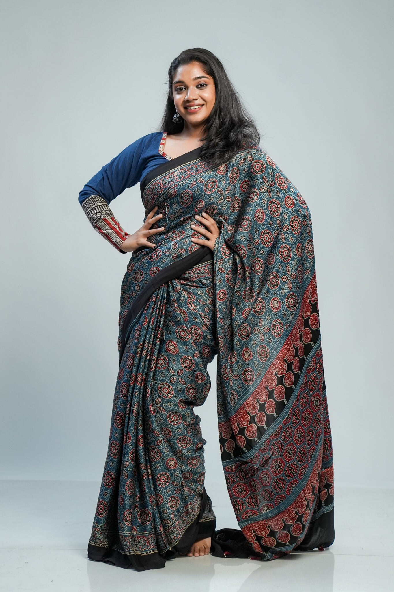 Modal Ajrakh Blue Base Silk Saree