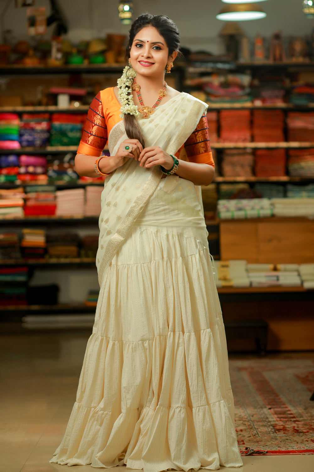 Maheswari Silk Blouse & Tiered Skirt with Dupatta