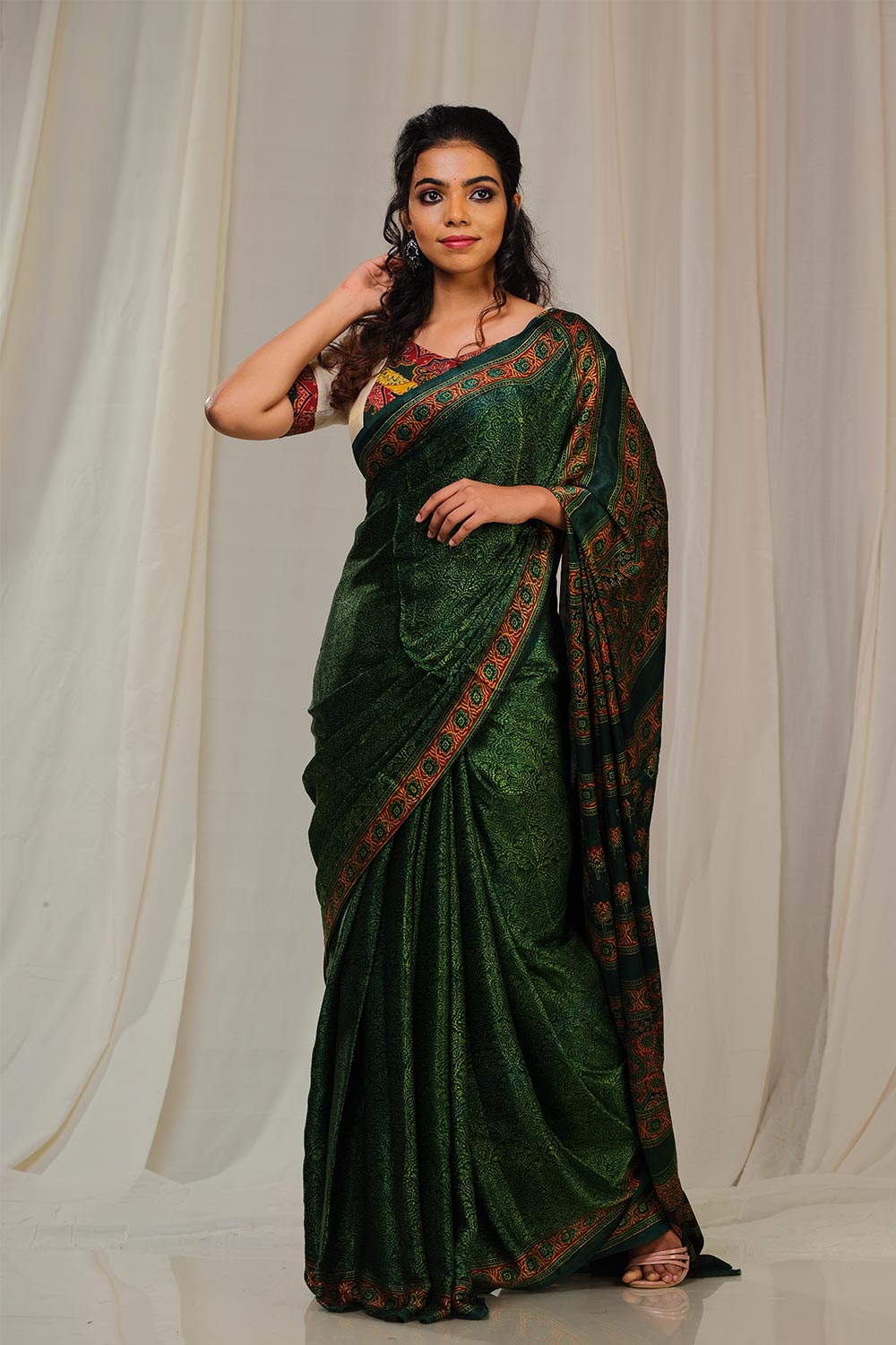 Green & Red Ajrakh Modal Silk Saree