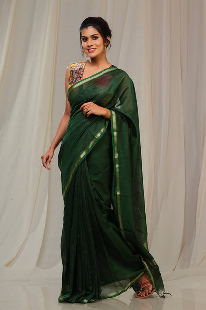 Bottle Green Pure Chanderi Silk Saree