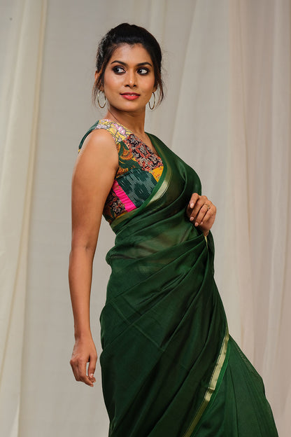 Bottle Green Pure Chanderi Silk Saree