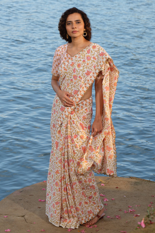 sanganeri Printed scallop Saree