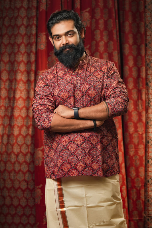 Ajrakh Maroon Short Kurta