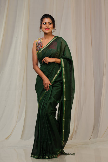 Bottle Green Pure Chanderi Silk Saree