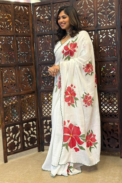 White Saree with Green Scallop & Red Flower