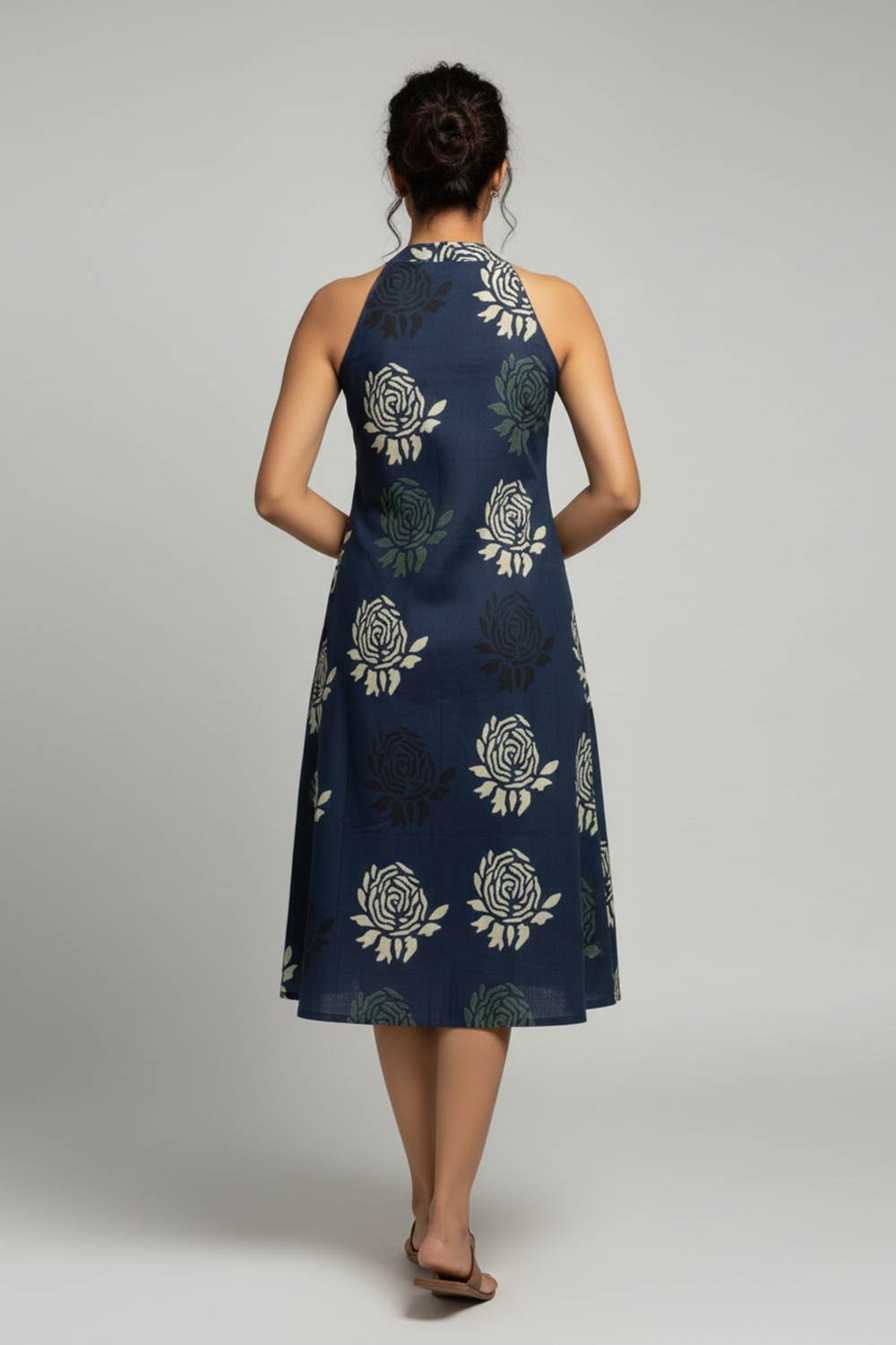 Indigo Base Green Rose Halterneck A Line Dress