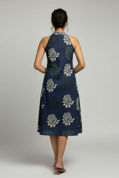 Indigo Base Green Rose Halterneck A Line Dress