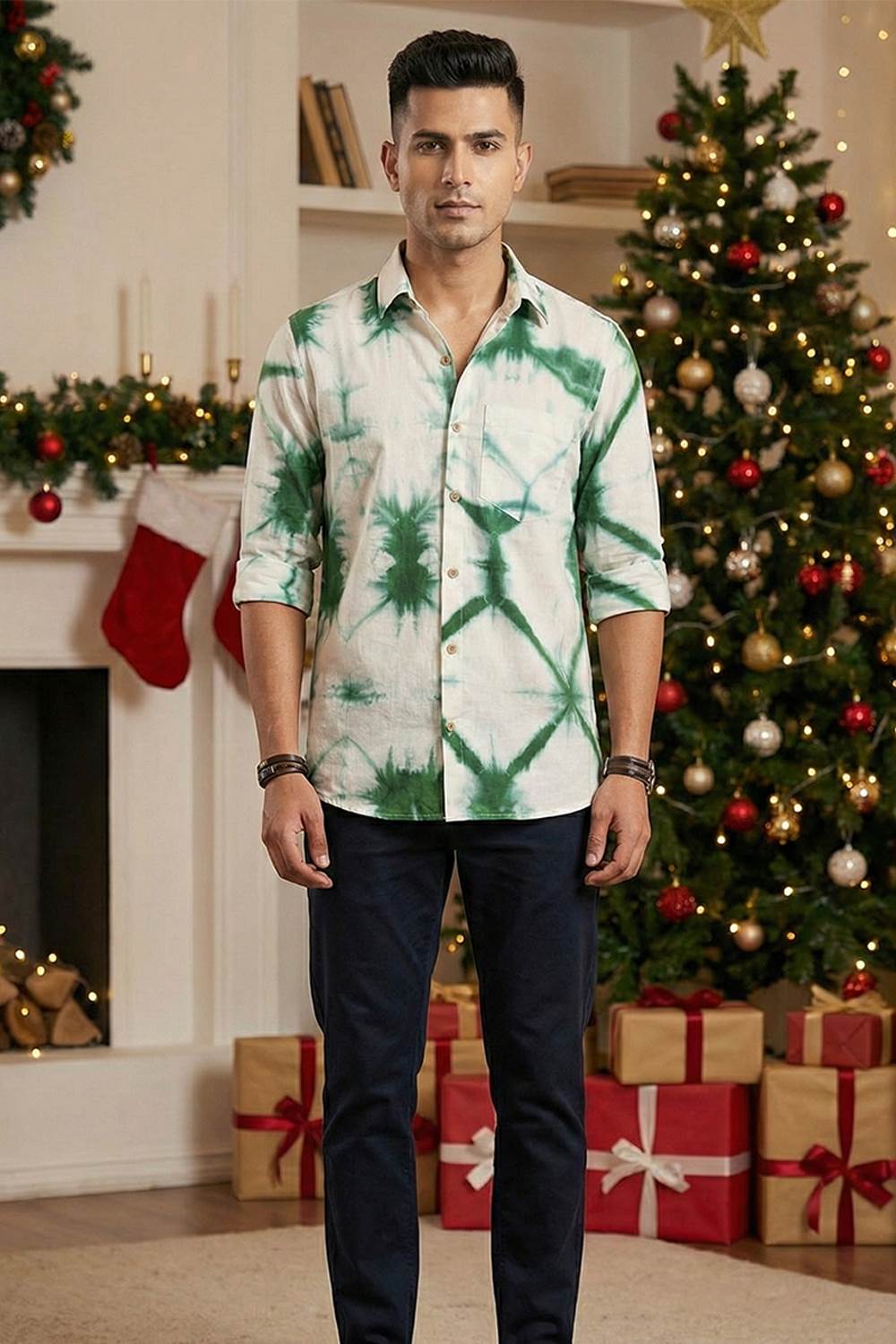 Offwhite & Green Shibori Full Sleeve Shirt