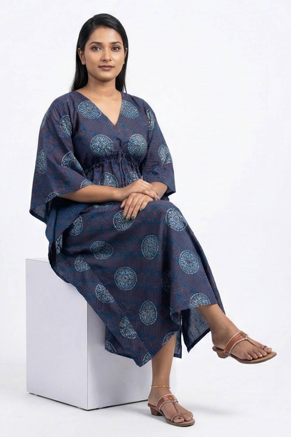 Navy Blue Ajrakh Cotton Kaftan