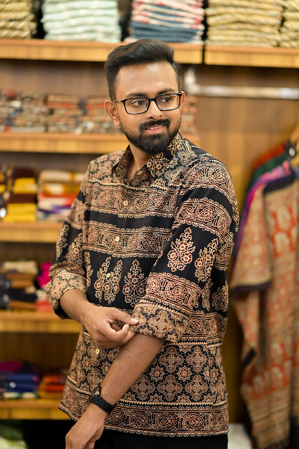 Ajrakh Black Floral Print Shirt