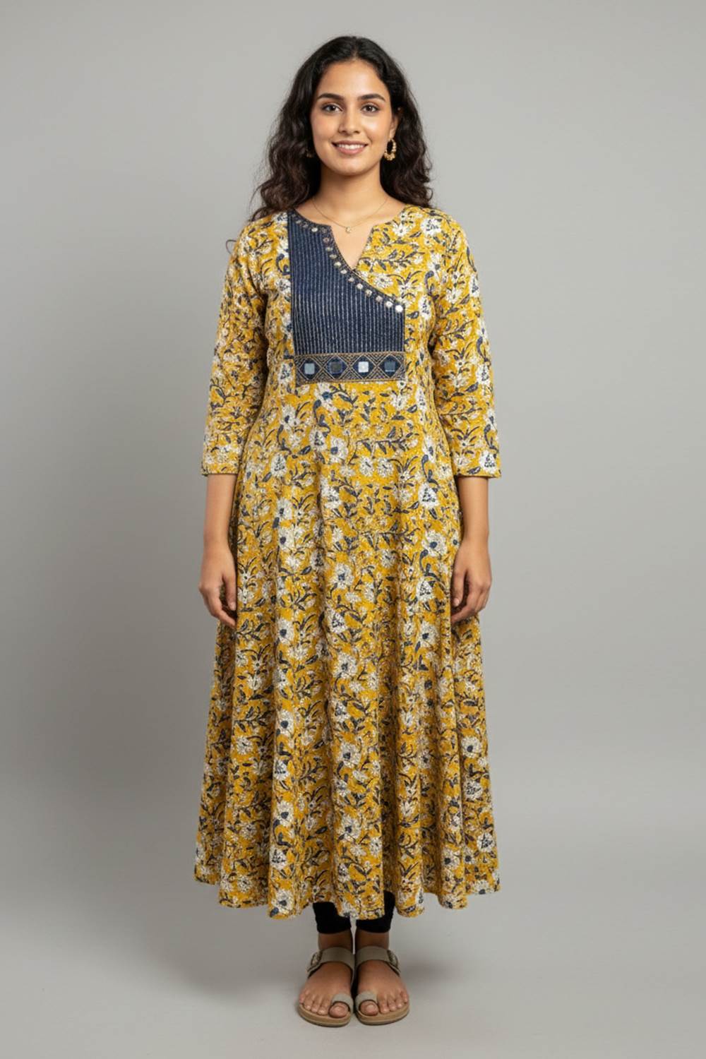 Yellow Bagru Printed Anarkali