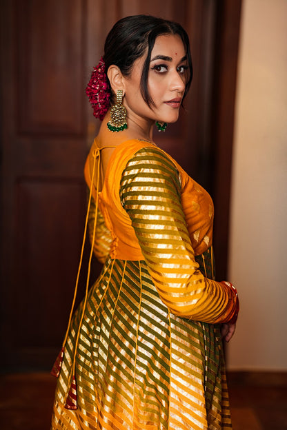 Yellow Green Orange & Golden Chanderi Silk Anarkali