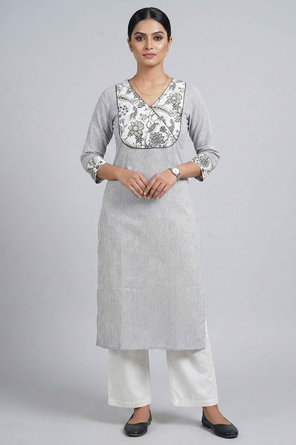 Black Handloom Stripe Kurti with Printed Yoke