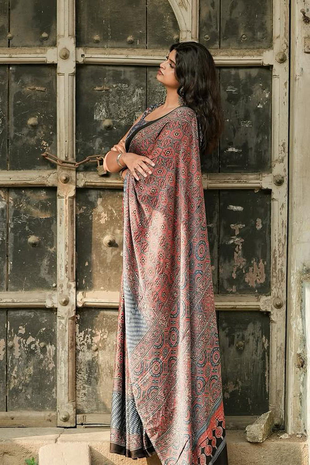 Ajrakh Hand Block Print Saree
