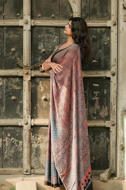 Ajrakh Hand Block Print Saree