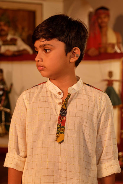 Off-white Golden Check Kurta With Ajrak Multi Patch