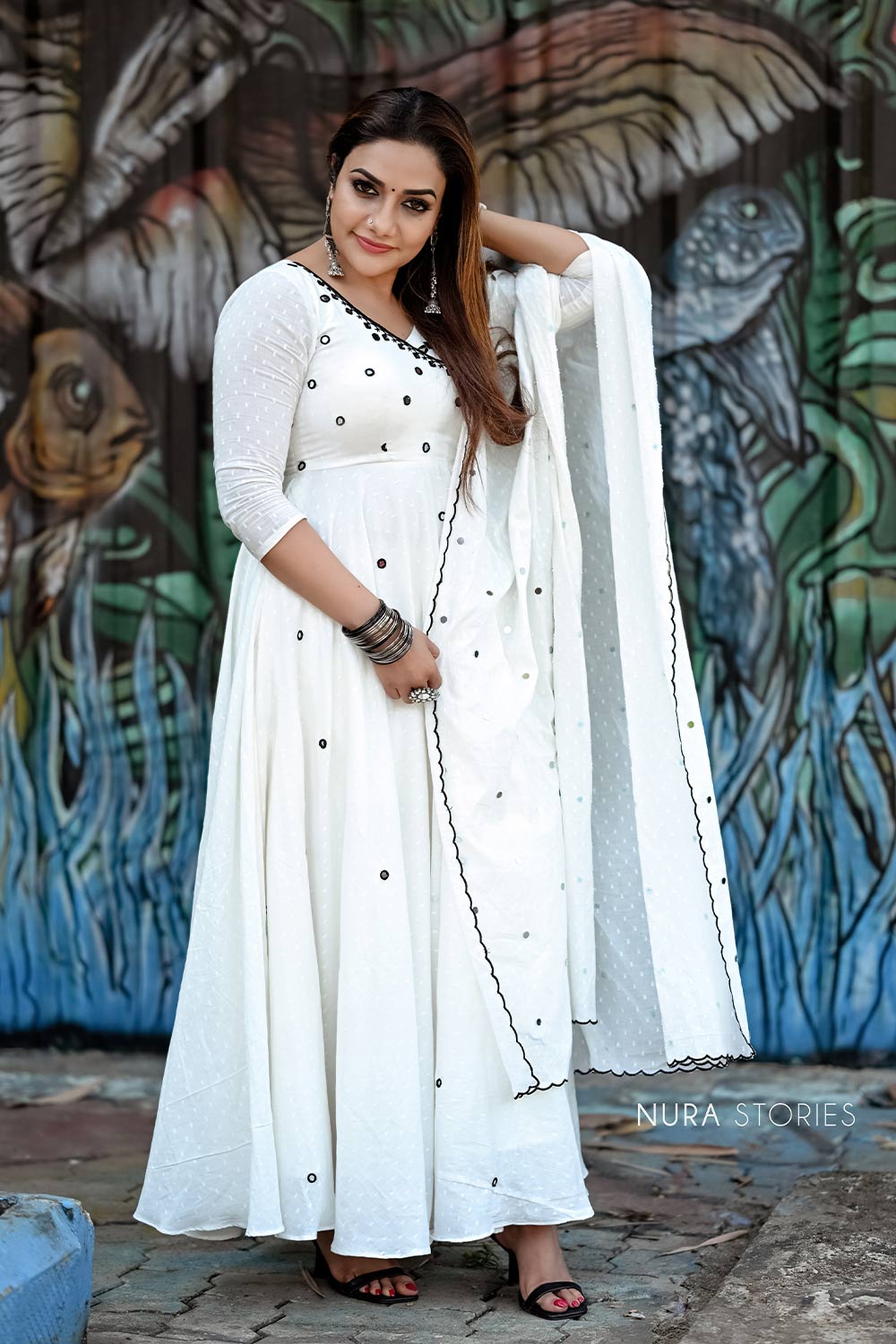 White Umbrella Cut Anarkali with Black Mirror Work