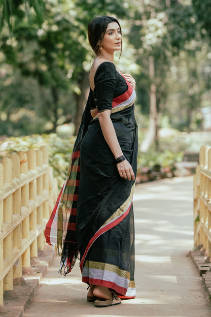 Narayanpet Black Saree with Red & Grey Borders