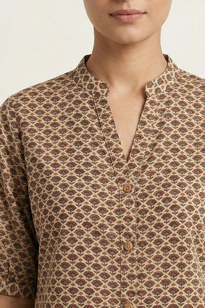 Beige with Small Floral Print Dress