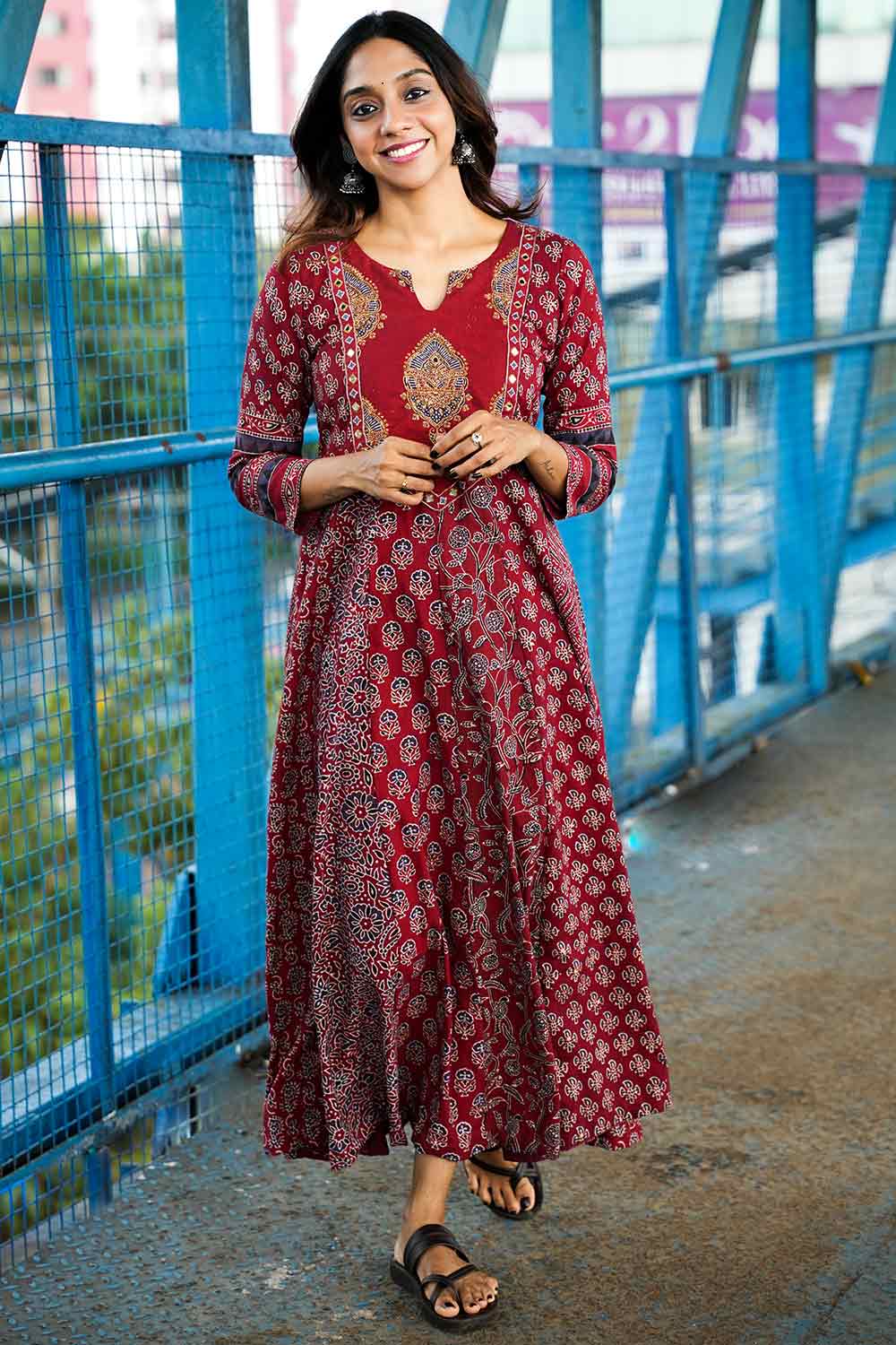 Red Ajrakh Multi Printed Panel Anarkali