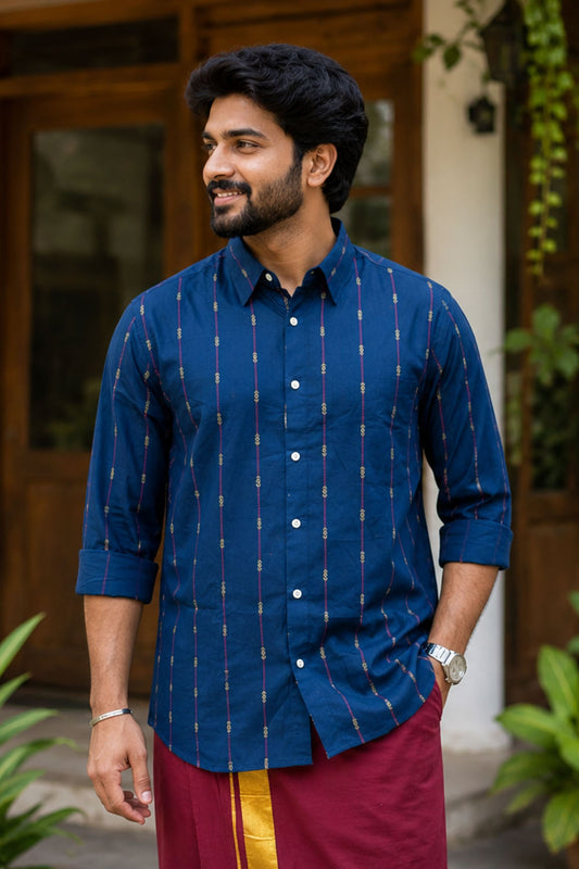Blue Shirt with Golden Motif