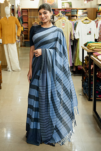 Blue Base Black Check Saree