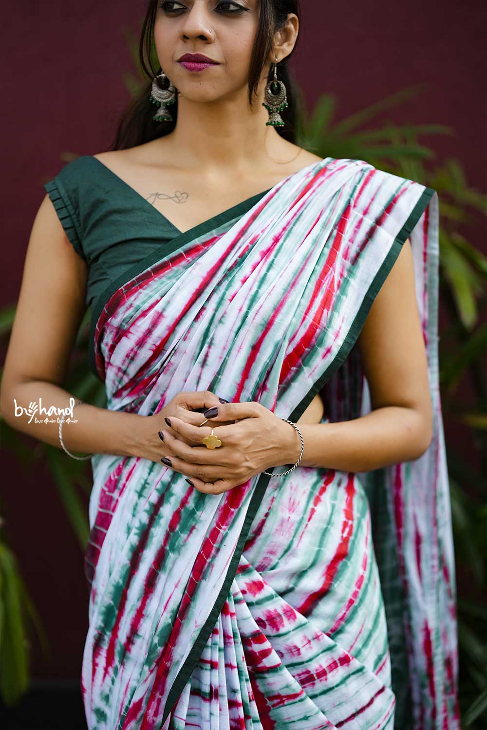 Red & Green Shibori Saree With Green Border