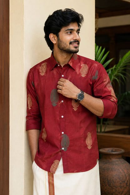 Red Shirt with Gloden & Teal Shell Shaped Motif