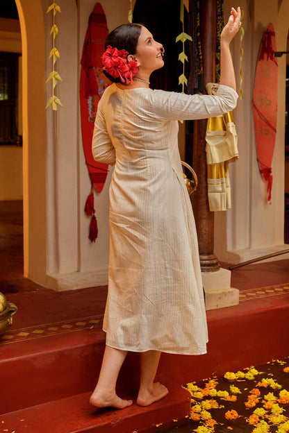 Hibiscus Handpainted Offwhite A line Gathered Dress