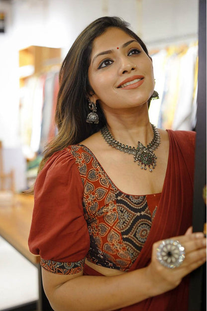 Maroon Mulcotton Saree with Ajrakh Patch