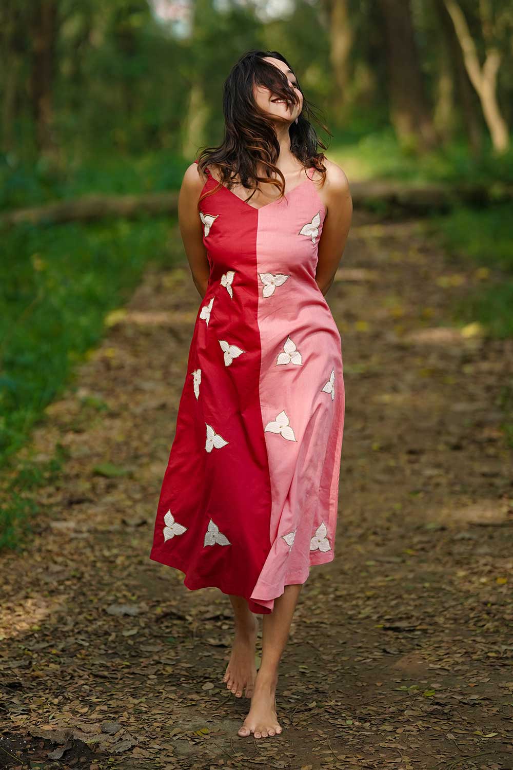 Pink And Red Spaghetti strap A line dress with Applique Work