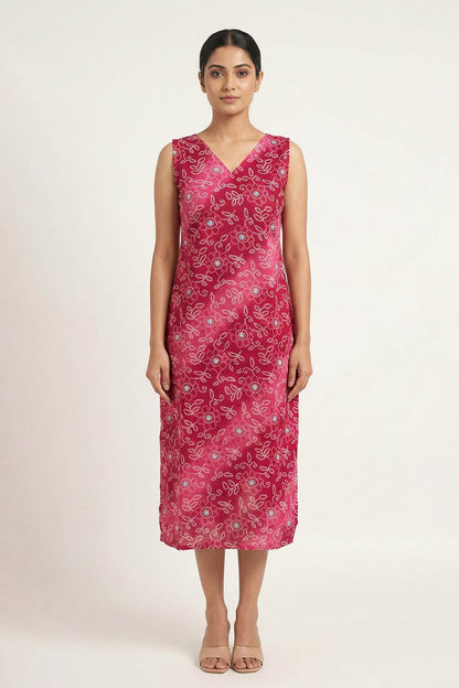 Pink Sleeveless Leaf & Floral Print Kurti