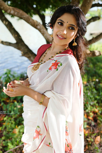 Maroon Puliyilakara Saree with Handpainted Gulmohar Flowers