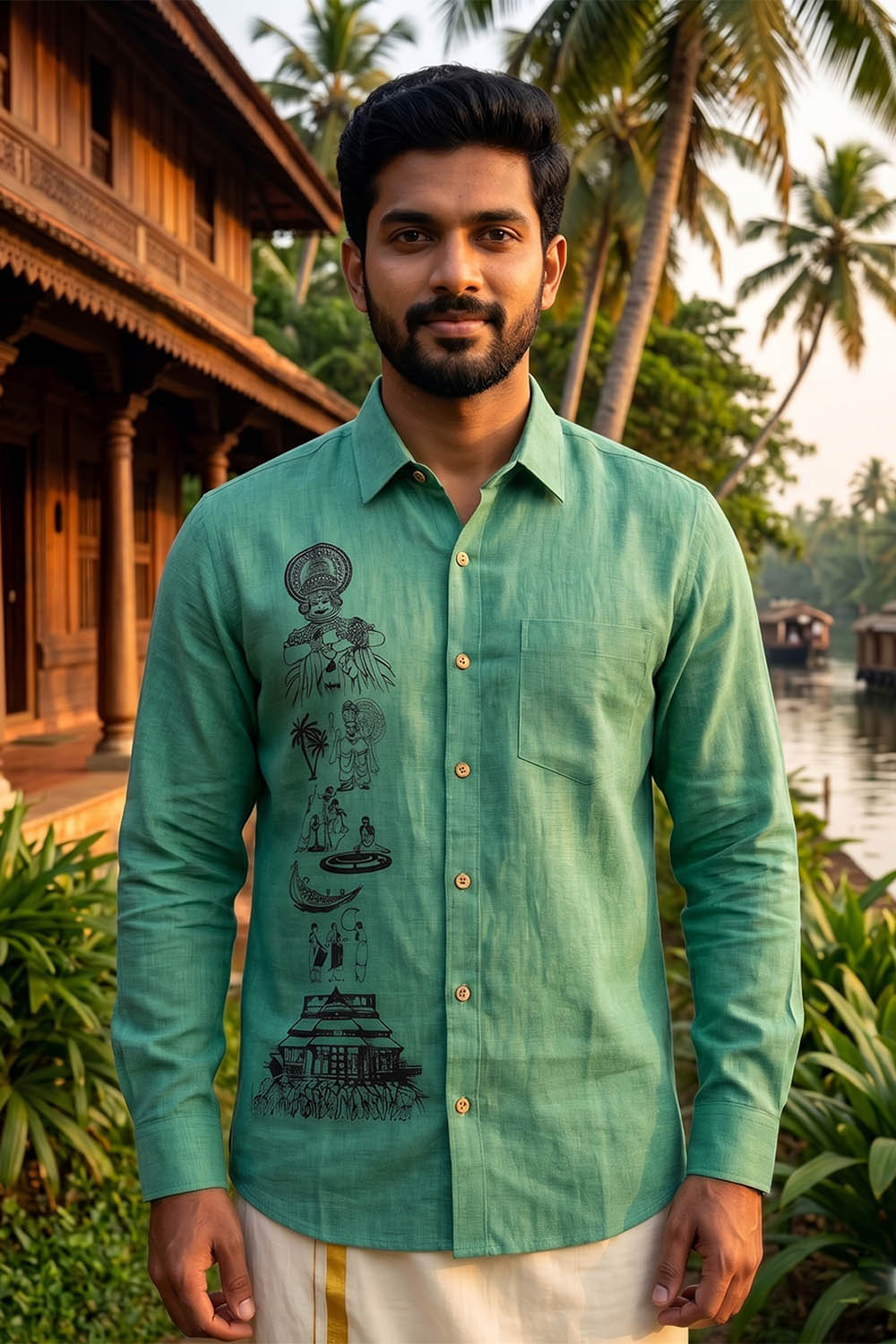 Mint Green Kerala Theme Print Shirt