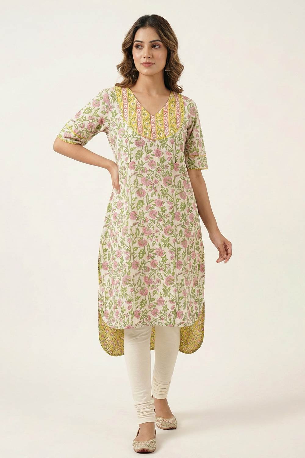 Beige Base Pink Floral A line Kurti
