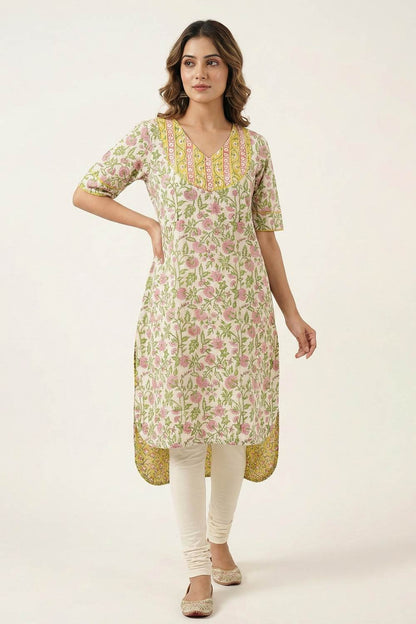 Beige Base Pink Floral A line Kurti
