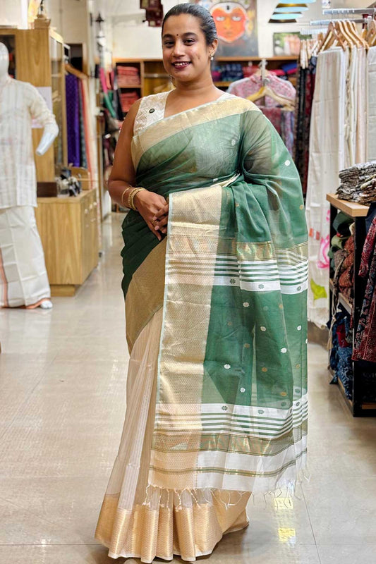 Green Maheswari Silk Saree Half & Half