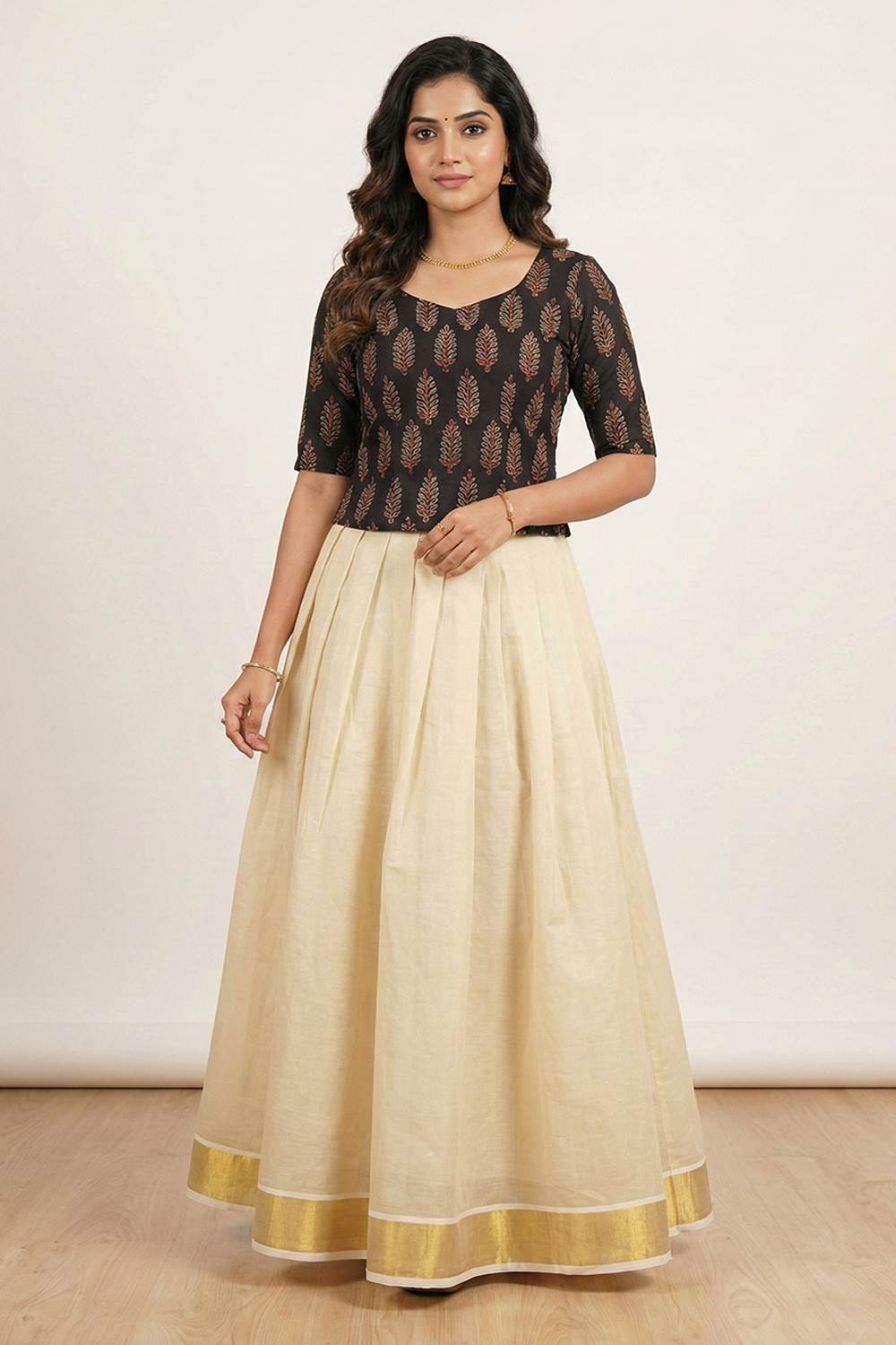 Black Top with Ajrakh Tree Print