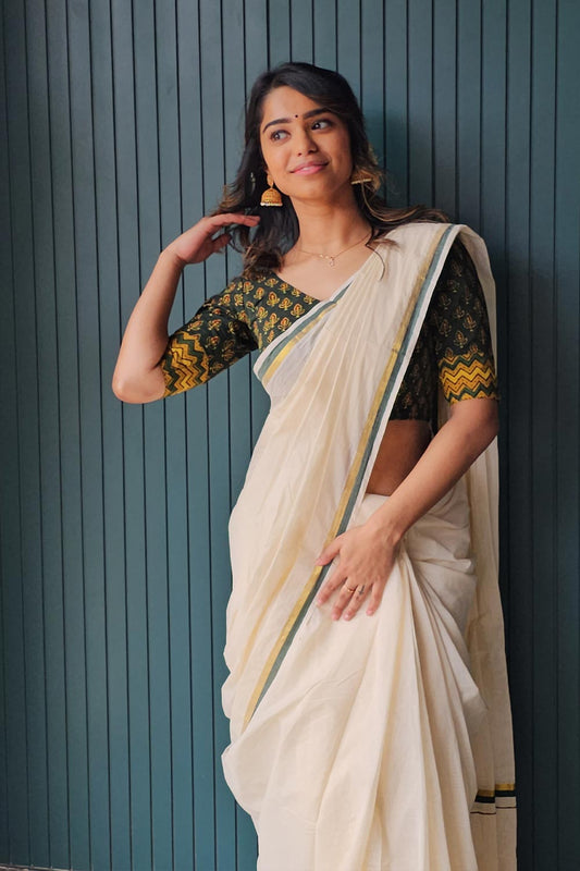 Off White Set Saree With Green Border