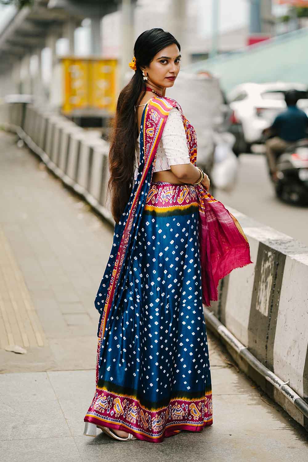 Cobalt Blue Mashewari Silk Bandhini Saree