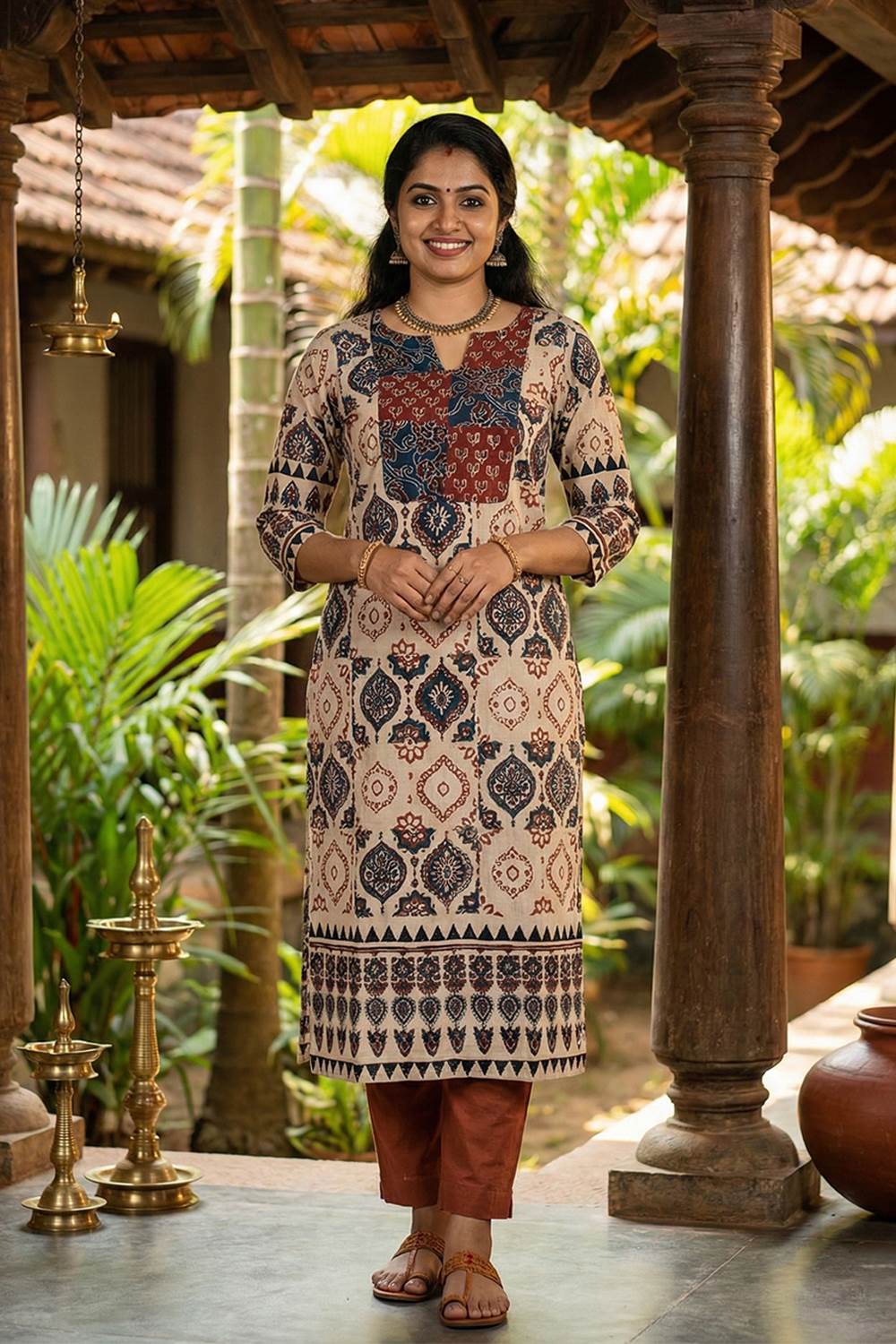 Offwhite Ajrakh Printed Red & Blue Kurti