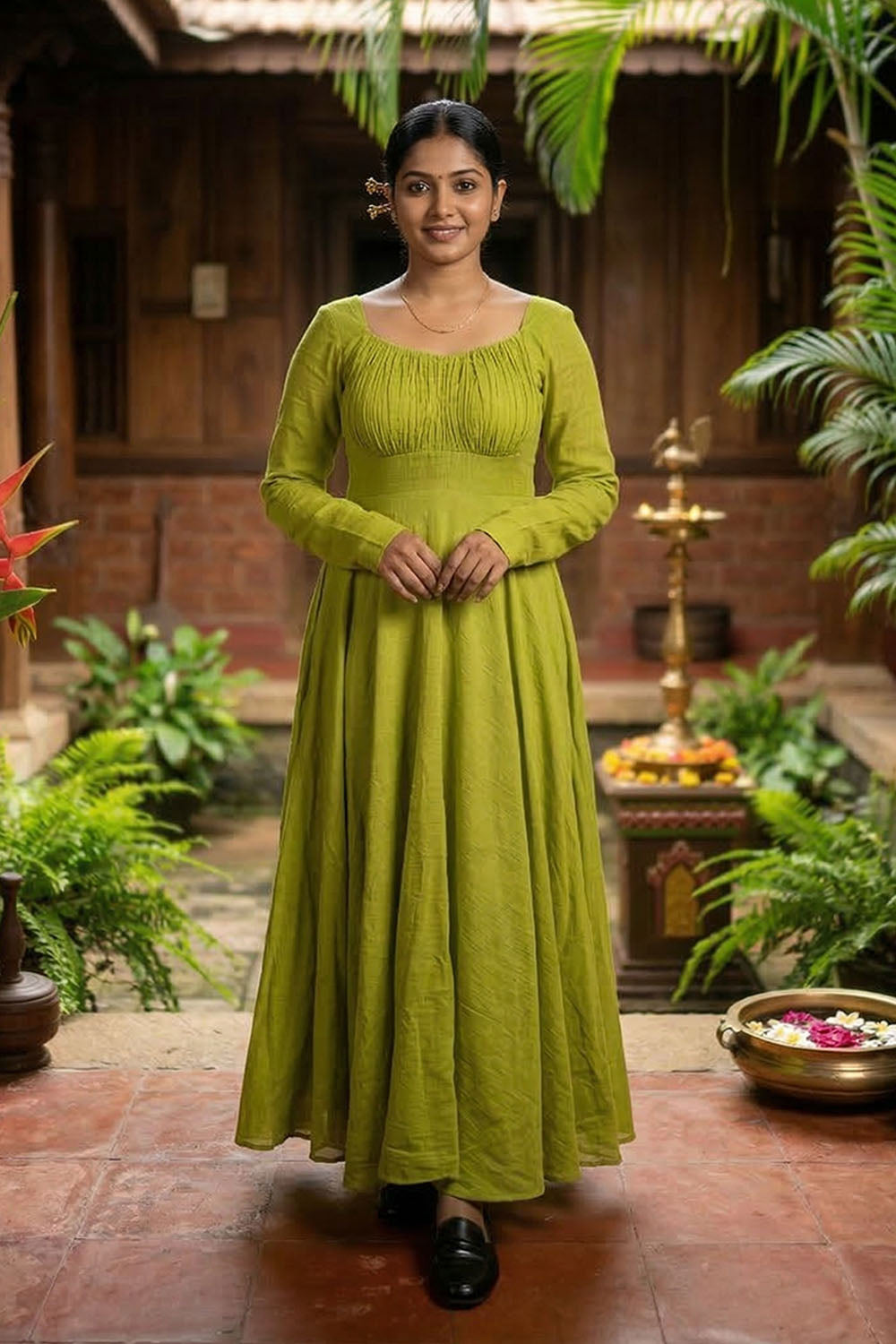 Green Mul Chanderi Umbrella cut Dress