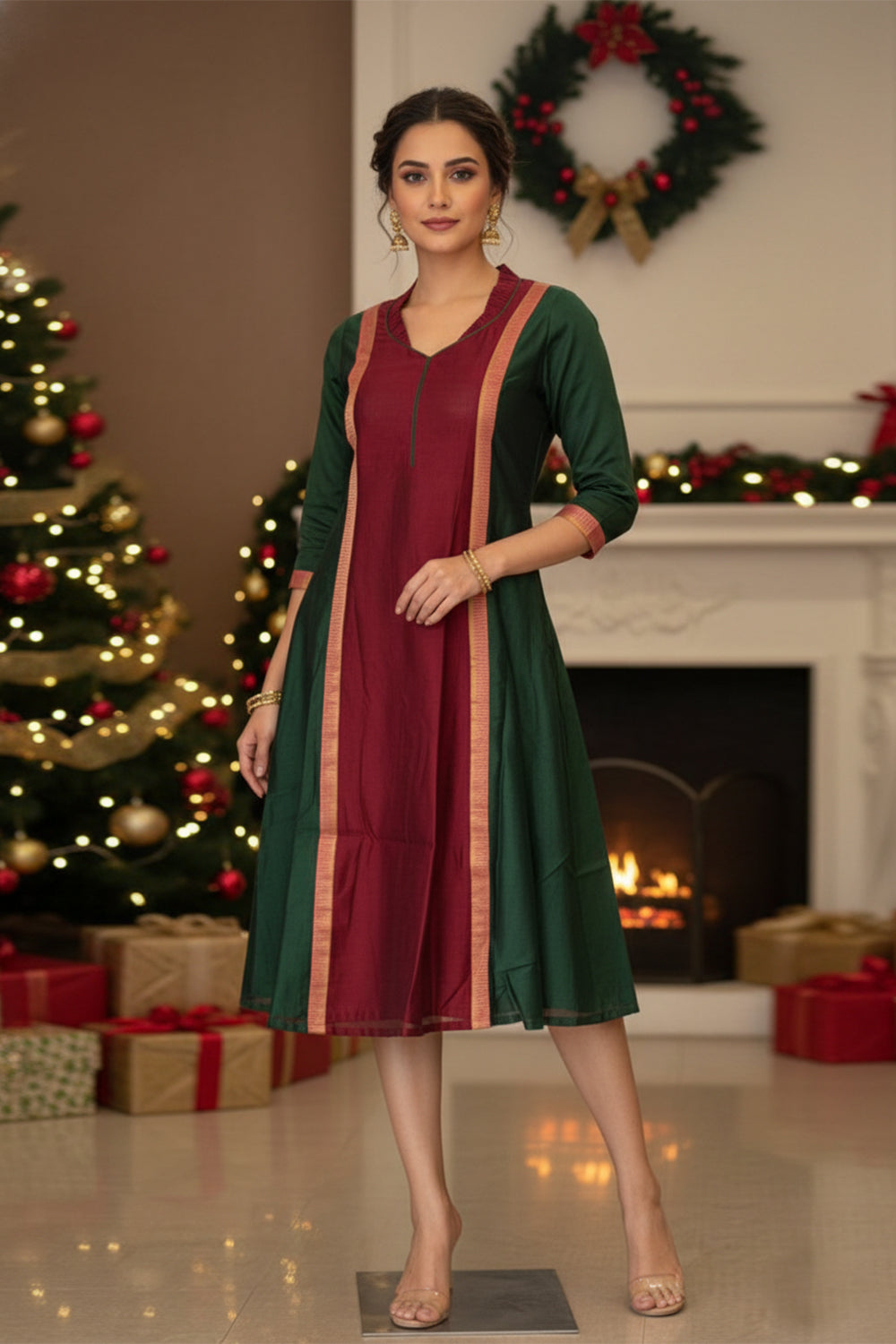 Maroon & Green A Line 3 Panel Dress