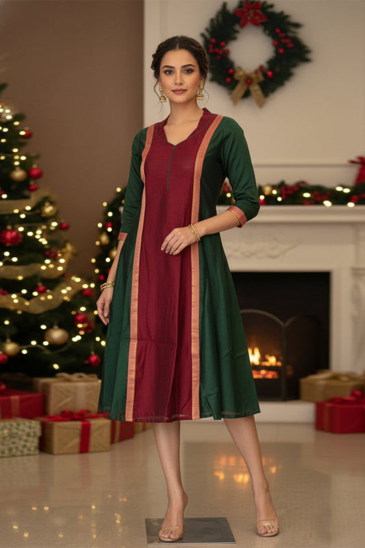 Maroon & Green A Line 3 Panel Dress