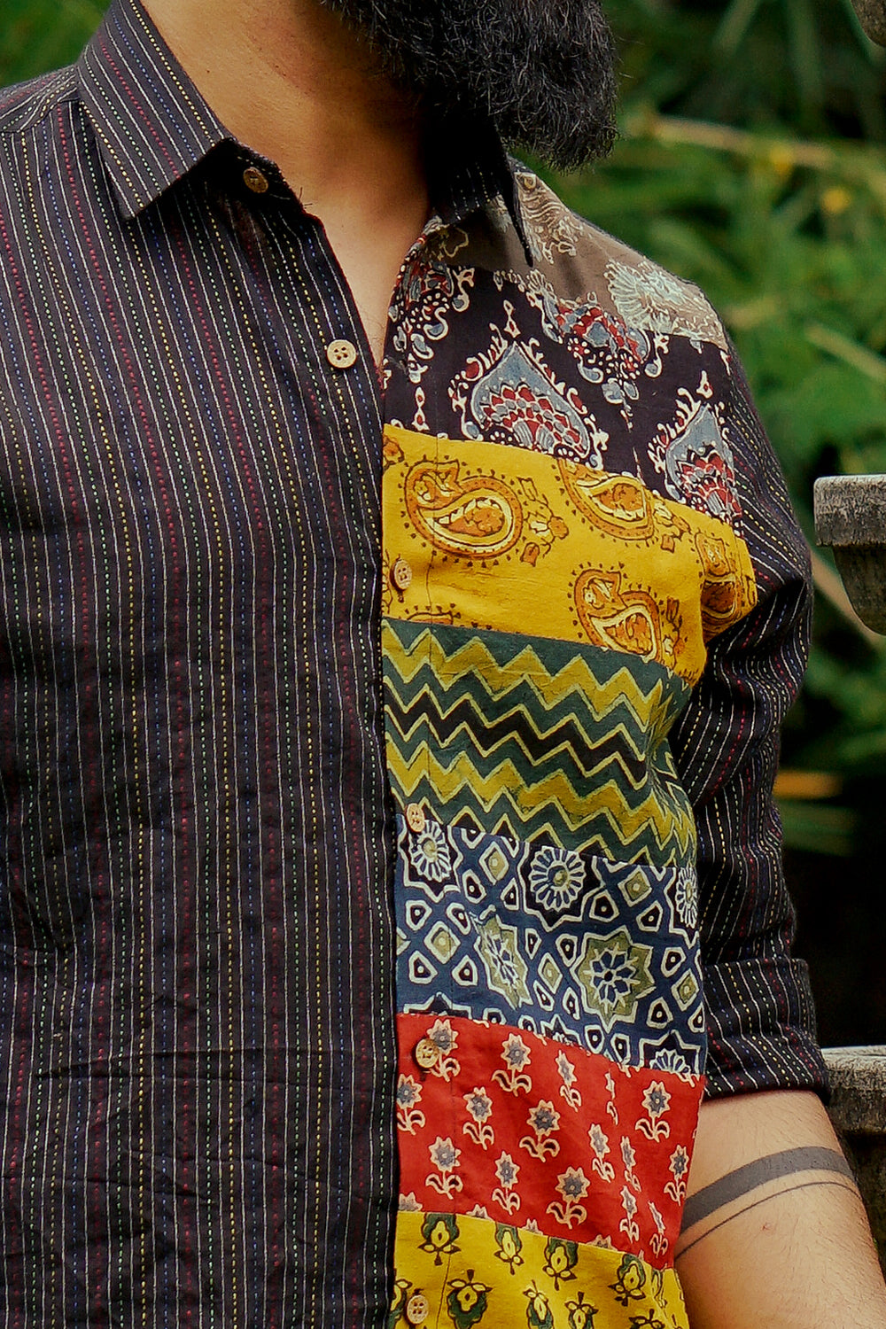 Black Kantha Full Sleeve Multi Patch Shirt