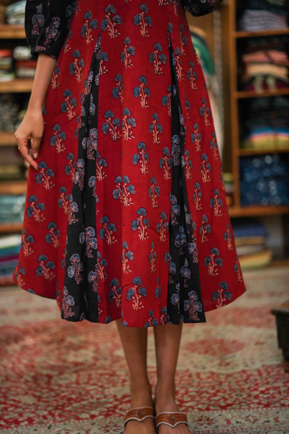 Godet Dress with Red & Blue Print