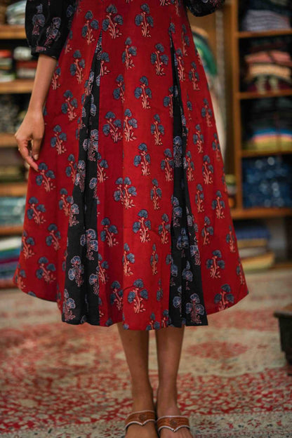 Godet Dress with Red & Blue Print